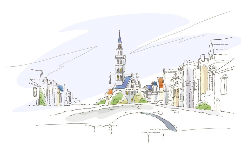 Городской пейзаж цветными карандашами