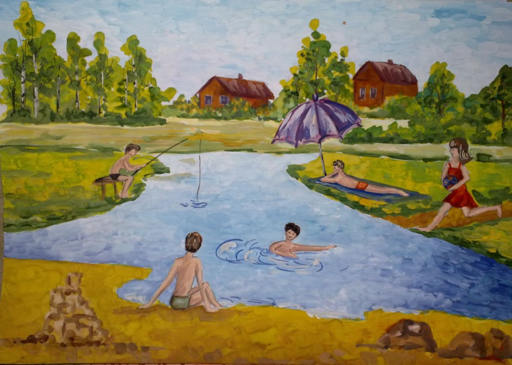 Children Swim in the Lake cartoon