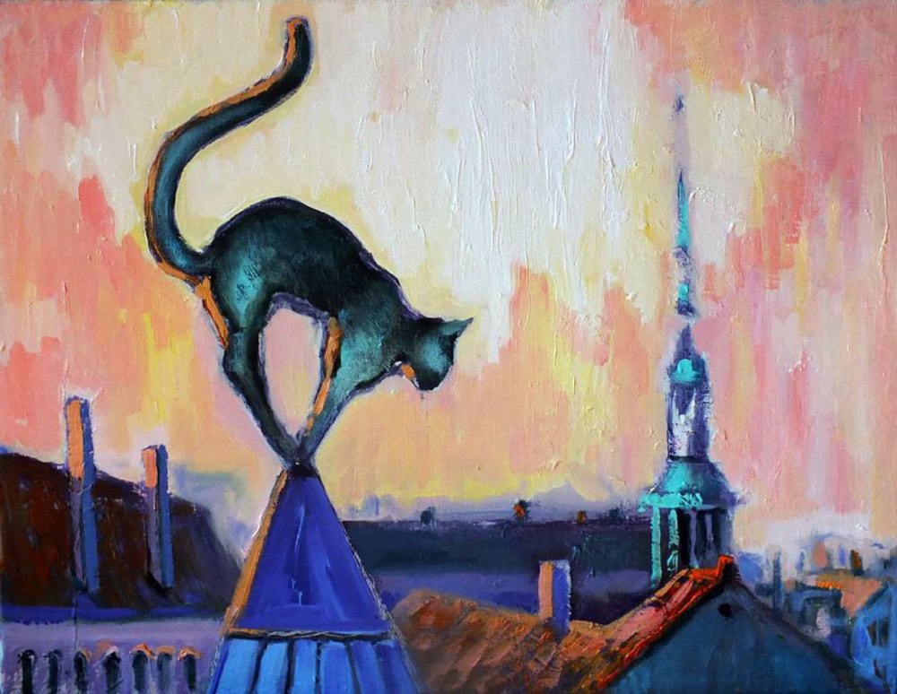 Кот на крыше акварель