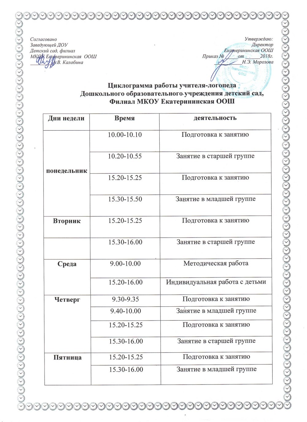 Распорядок занятий в детском саду