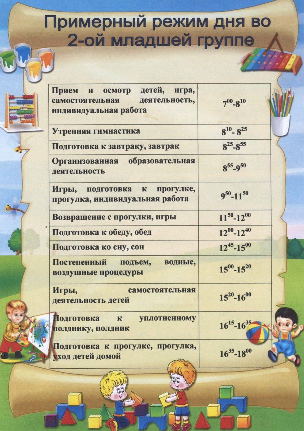 Распорядок дня в детском саду 2 младшая группа