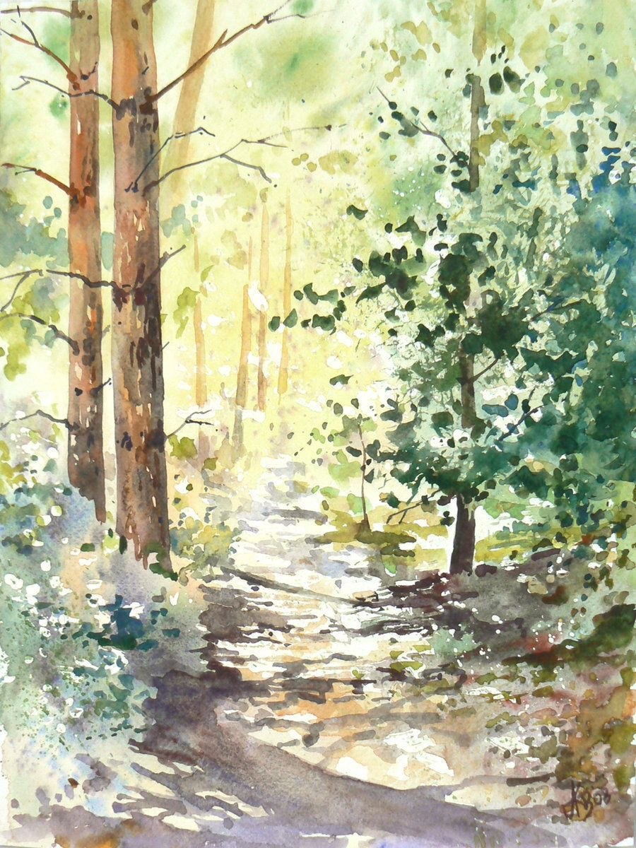 Лесной пейзаж акварелью