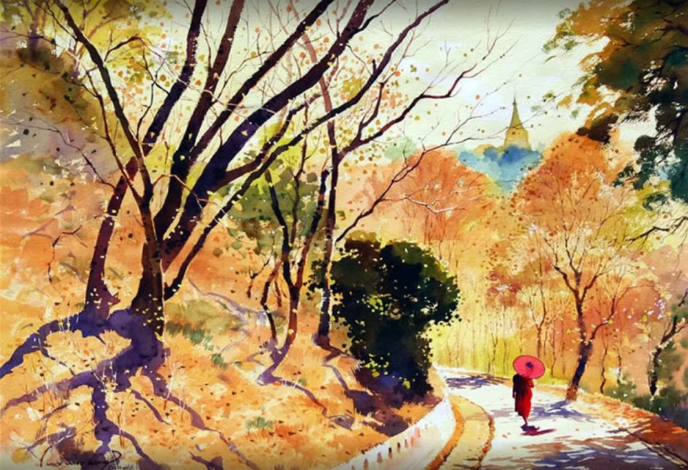 Осенний пейзаж акварелью