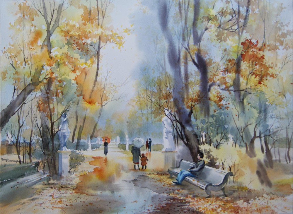 Осень в парке акварель