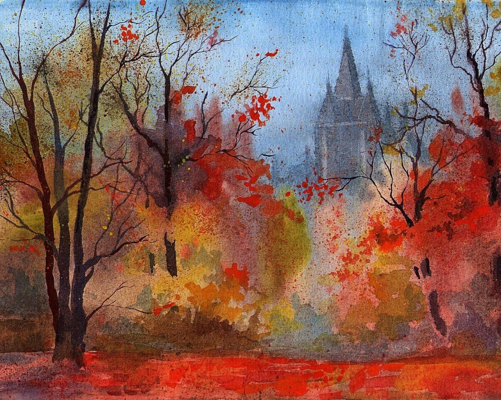 Пейзаж акварелью осень
