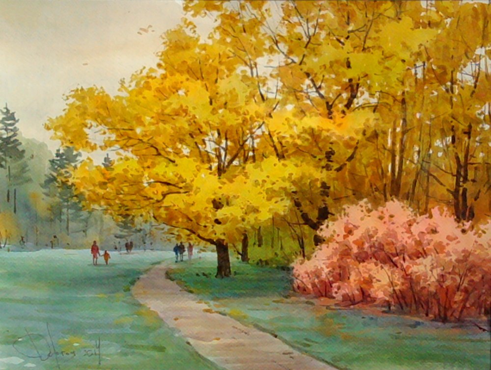 Осеннее дерево акварелью