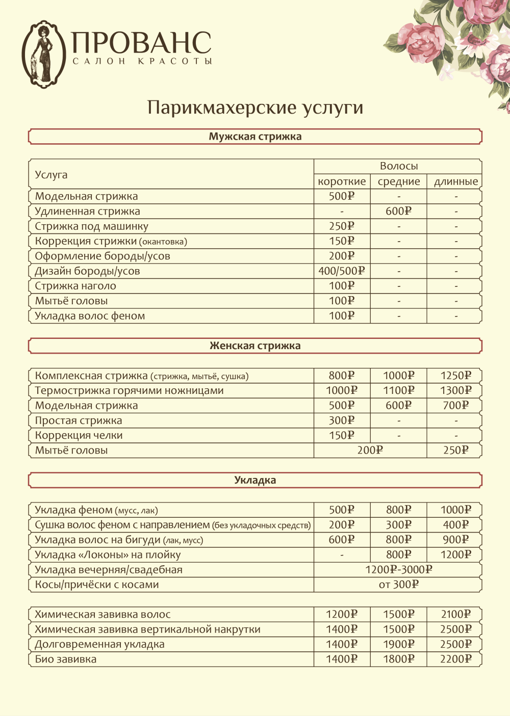 Прейскурант парикмахерской