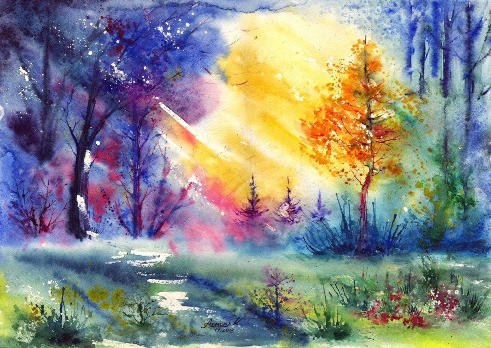 Летний пейзаж акварелью