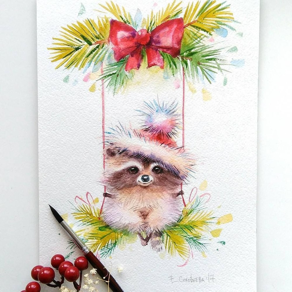 Новогодние открытки акварелью