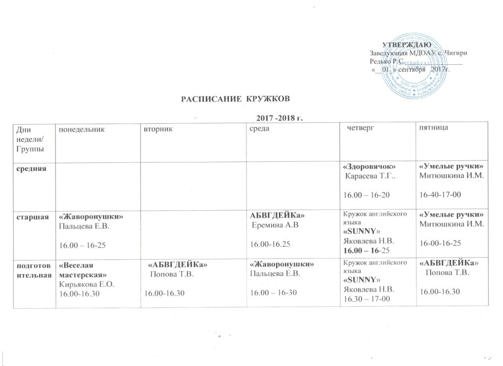 Расписание кружков шаблон