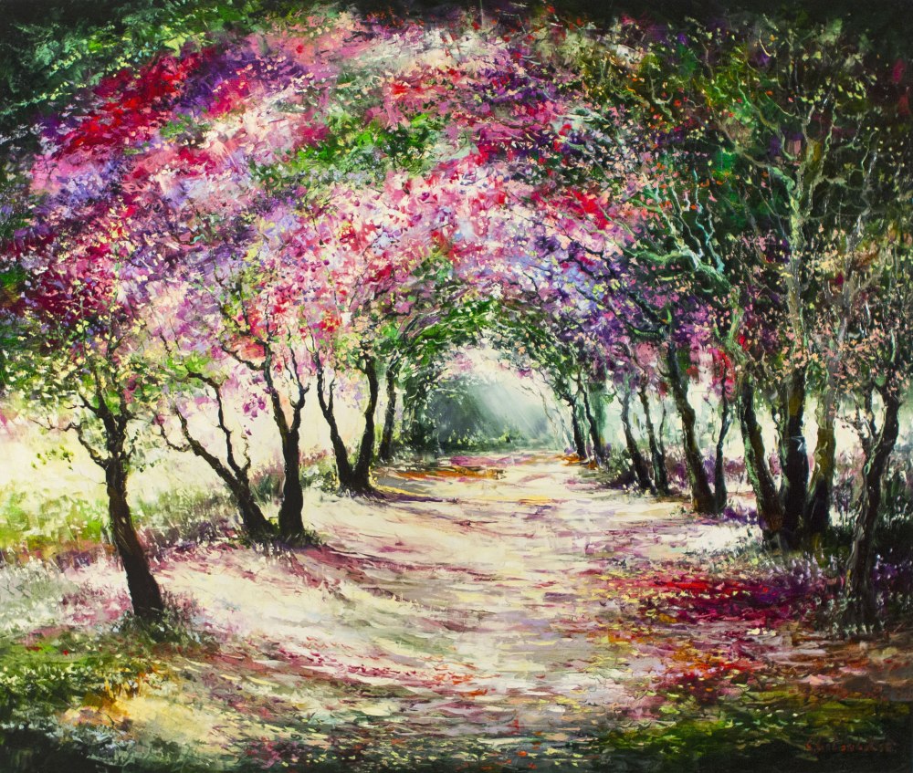 Картина с деревом и скамейка