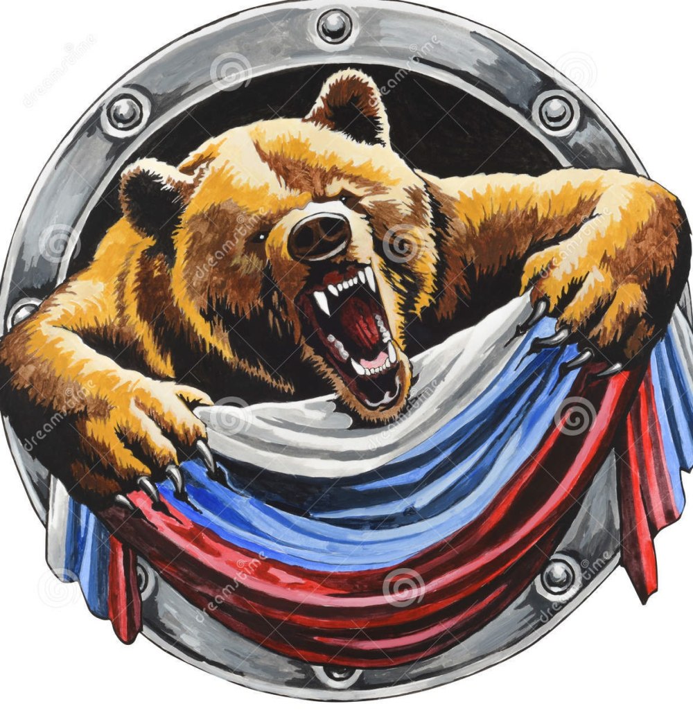 Медведь на фоне российского флага