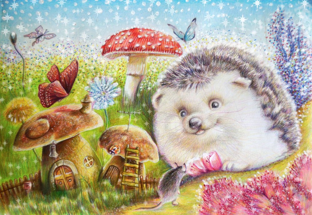 Ежик с грибом живопись