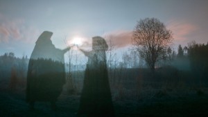 Эстетика леса в тумане у кладбища